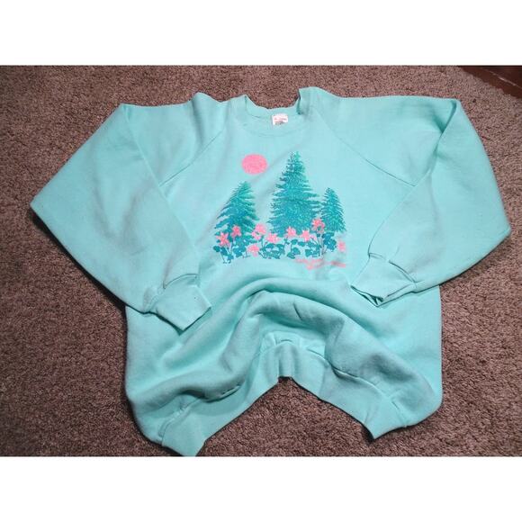Vtg 90s FOTL XL Aqua Nature Sweatshirt Faded Mountains Trees Graphic Crewneck - Picture 1 of 7